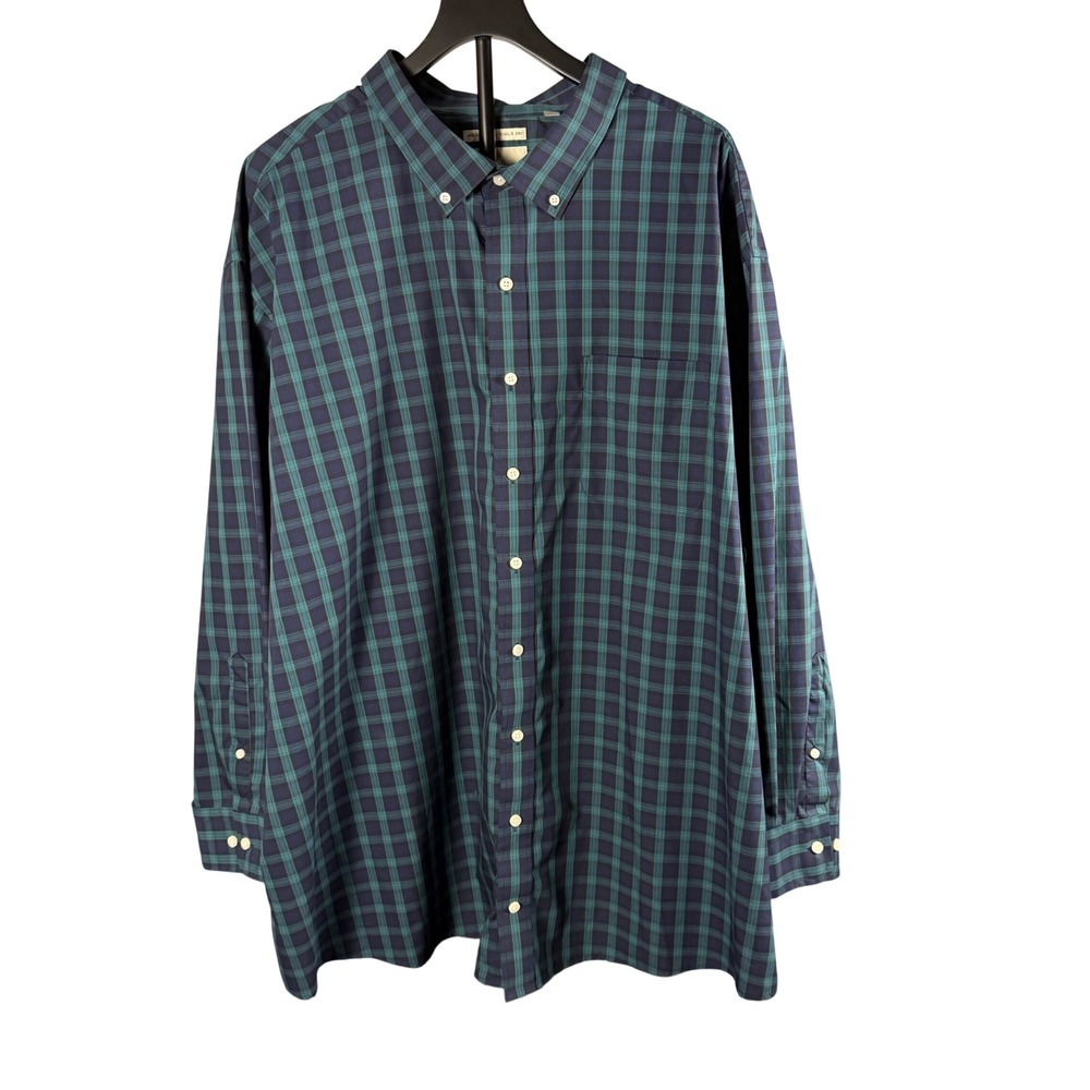 Oak Hill Mens 4XL Plaid Button Down Shirt Navy Green Wrinkle Free Cool & Dry